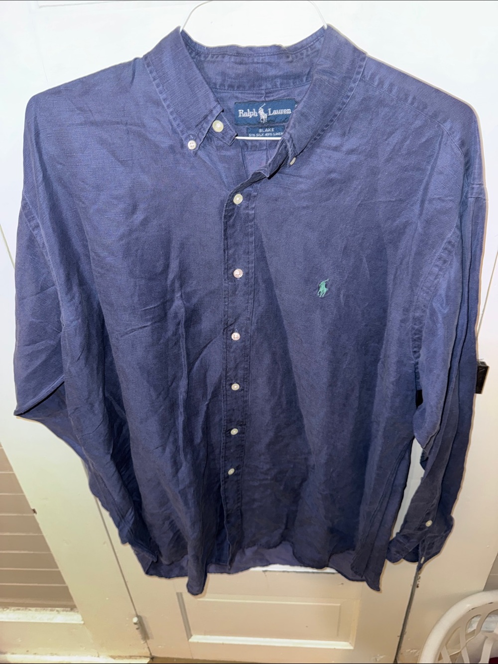 Ralph Lauren Blake 1/2 Linen 1/2 Silk Navy Long-Sleeve Button-Down Shirt L